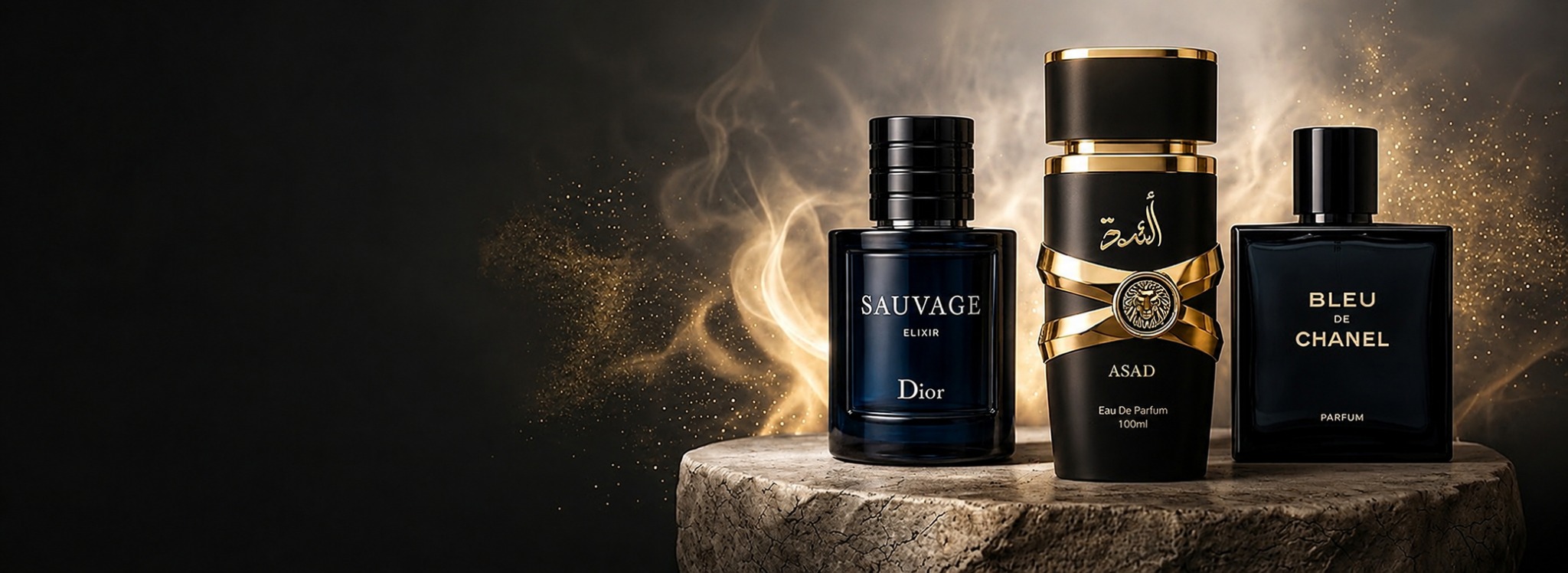 Colección premium de perfumes negros y dorados sobre bases de piedra
