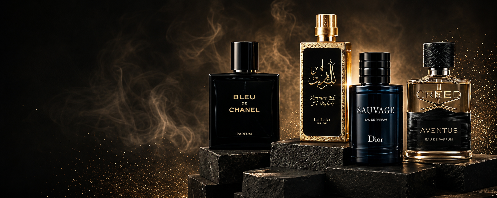Colección de perfumes de lujo entre humo y destellos dorados